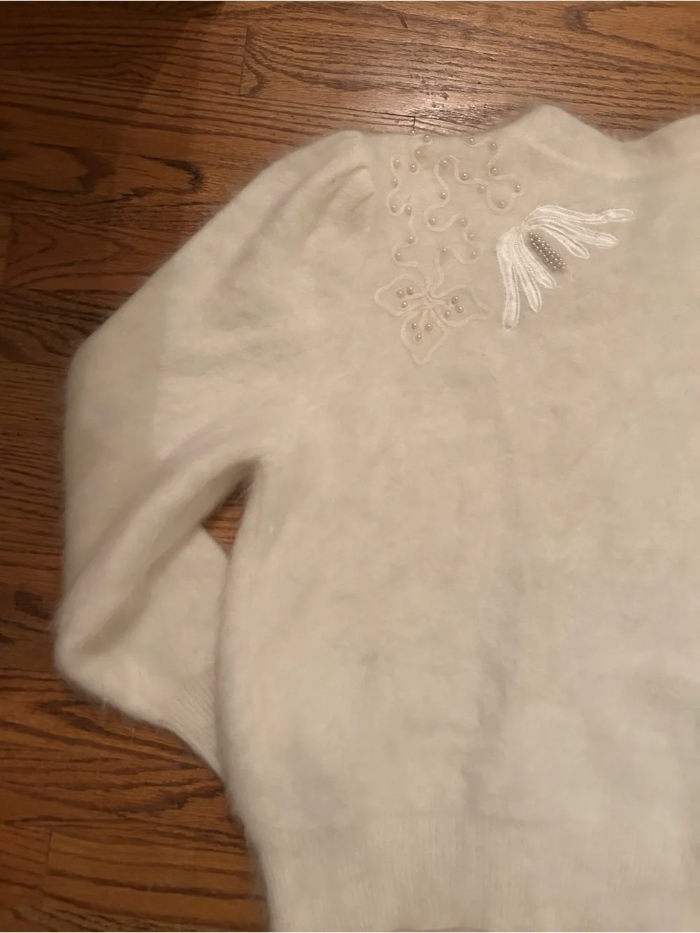 Women’s Soft Cream Beaded Angora Blend Retro Inspired Grandmacore Cardigan
